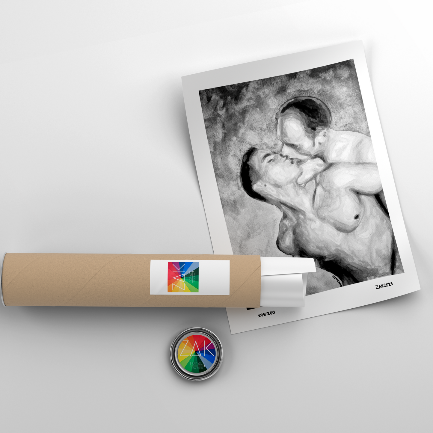 Black and white watercolor print of two shirtless men embracing under a vast grey sky. LGBTQ+ love art by Zak Pop Art.