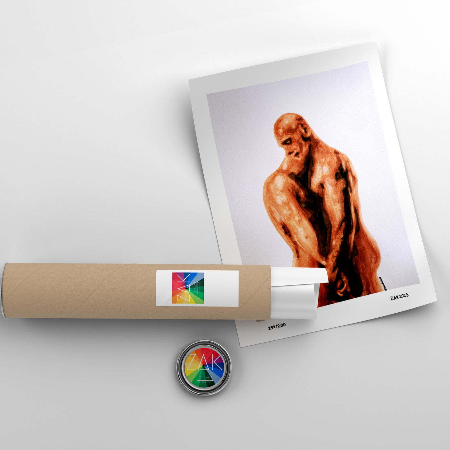 Art print of a muscular figure on a white background with a cylindrical object and circular badge.