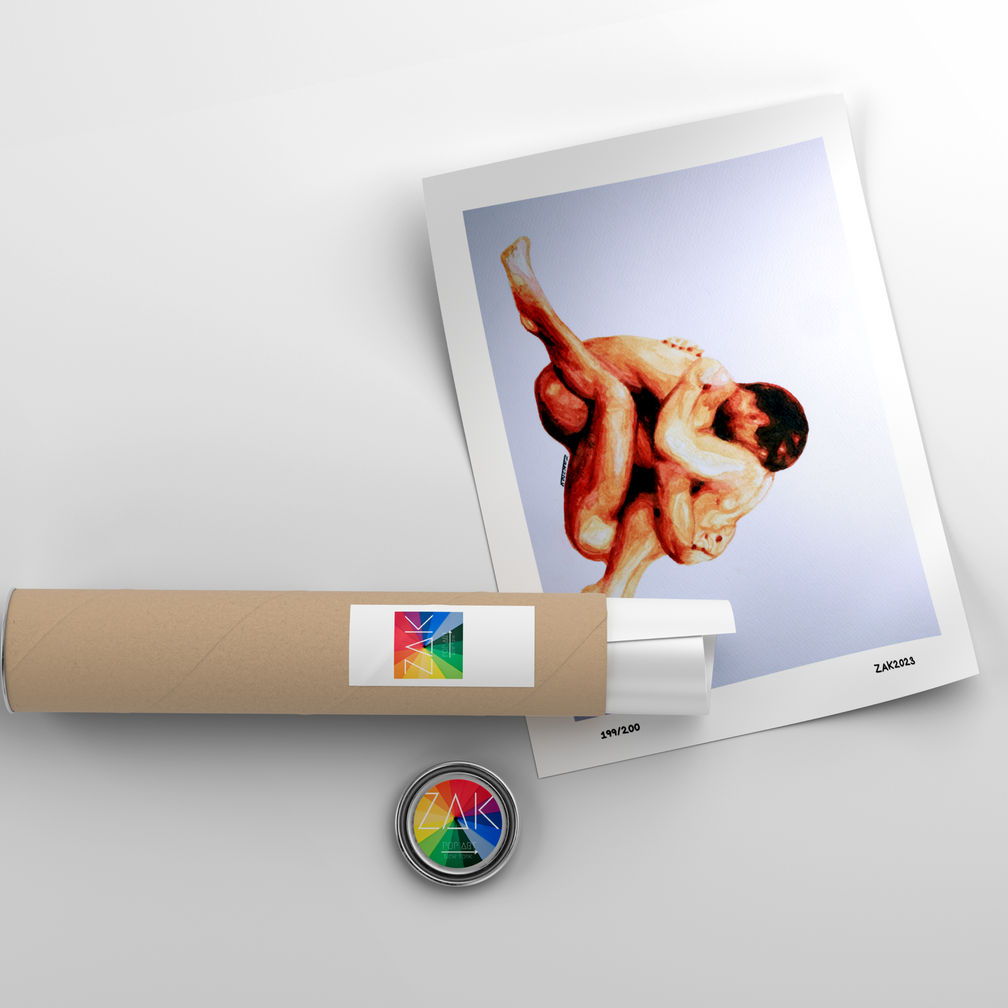 Unrolled poster with a nude figure on a white background, with a roll of paper and a button visible.