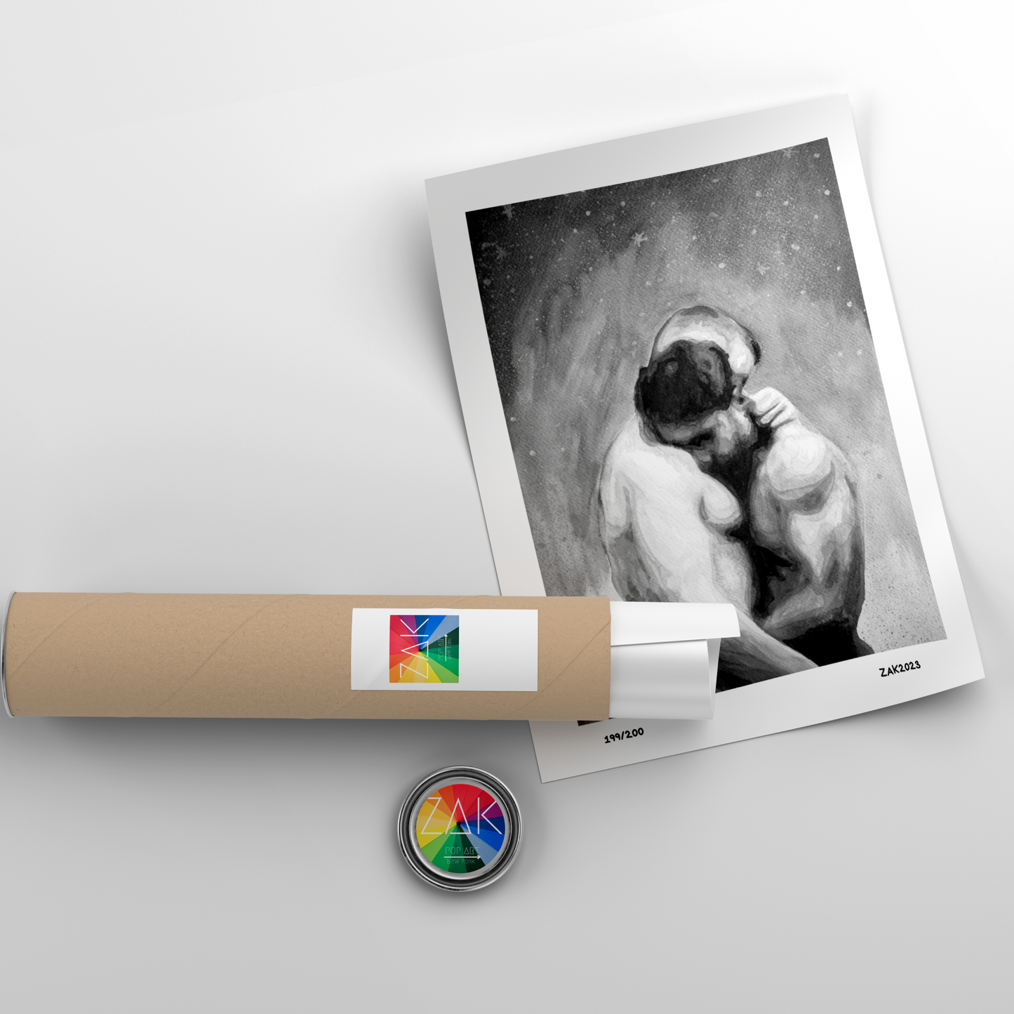 Rolled-up artwork with a print of a couple embracing on a white background