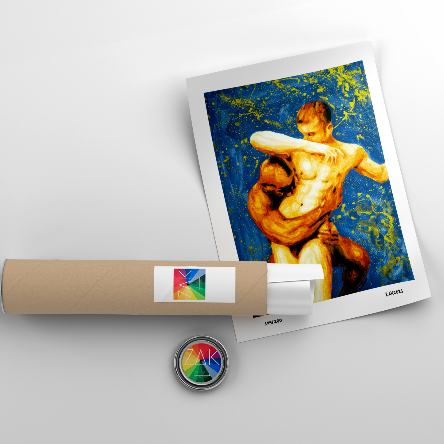 Artistic depiction of a nude figure on a framed print with a cylindrical object and circular emblem in the foreground.