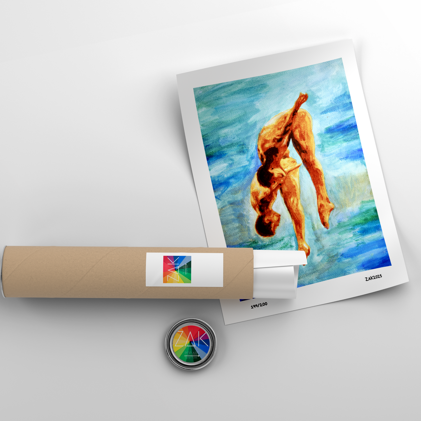 Watercolor of two nude men jumping into a blue pool, with bright colors and expressive movement, capturing joy and intimacy.