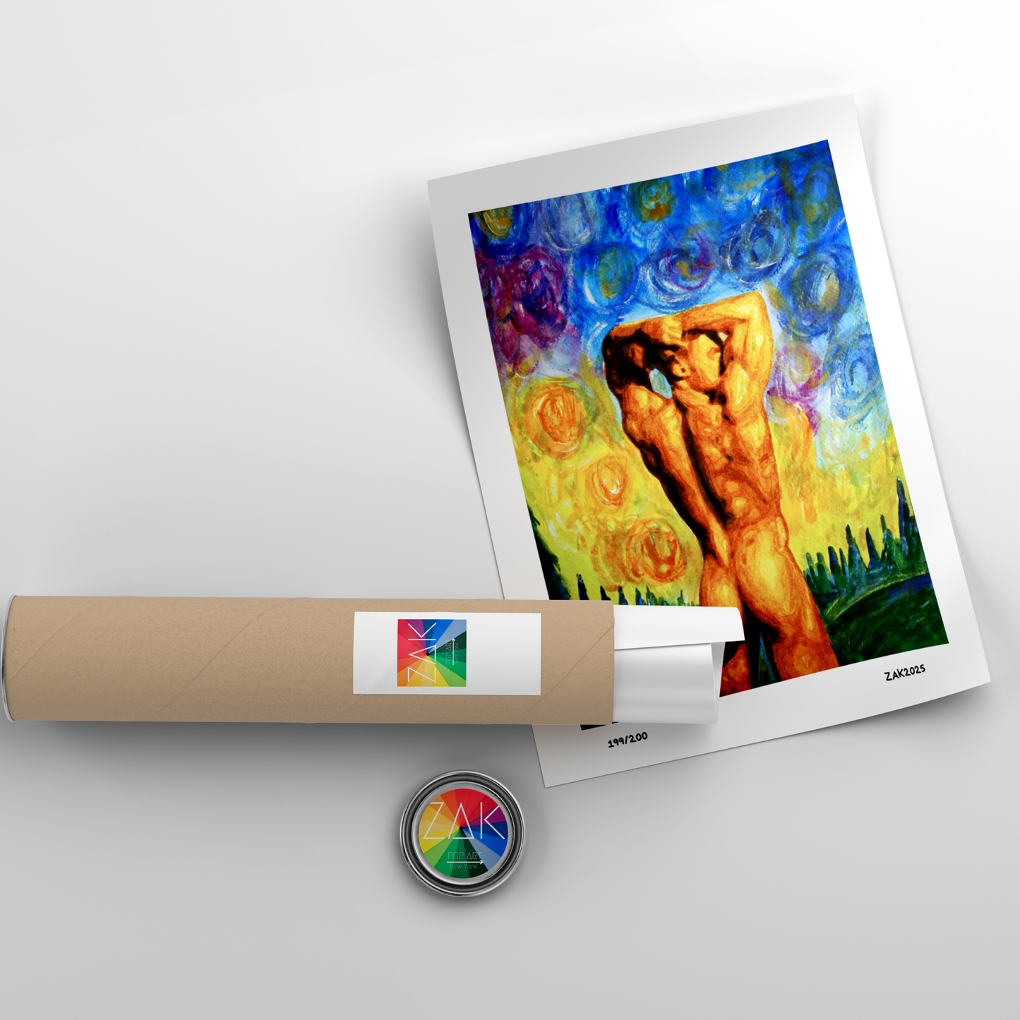 Colorful LGBTQ+ art print of two nude men intertwined into one body, with arrows from both right and left sides, created in Zak Pop Art style.