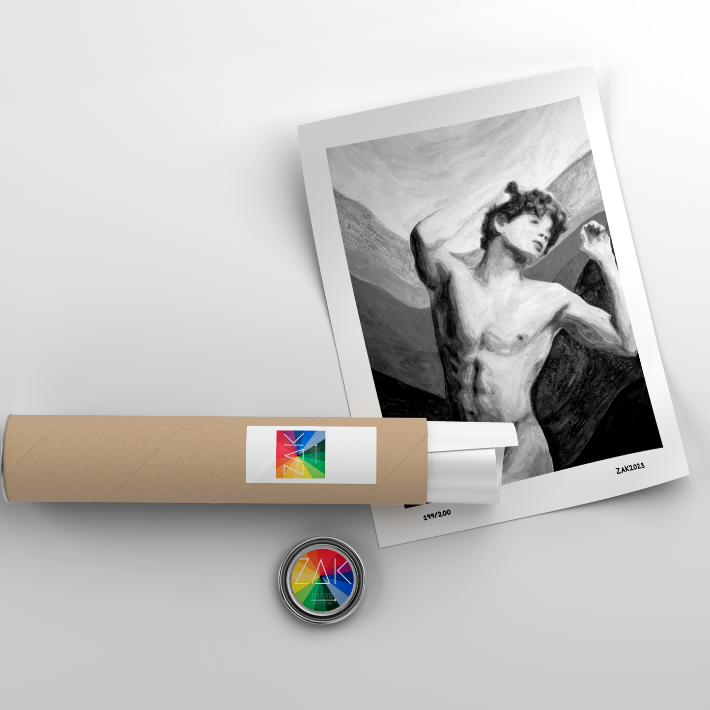 Black and white watercolor painting of a nude young man holding his red hair, with layered gray-toned background symbolizing the rainbow, expressing queer identity and emotional strength. Original Zak Pop Art.