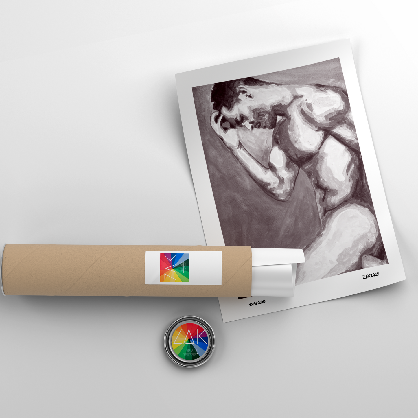 Artistic print of a nude figure on a white background with a cylindrical object and colorful label.