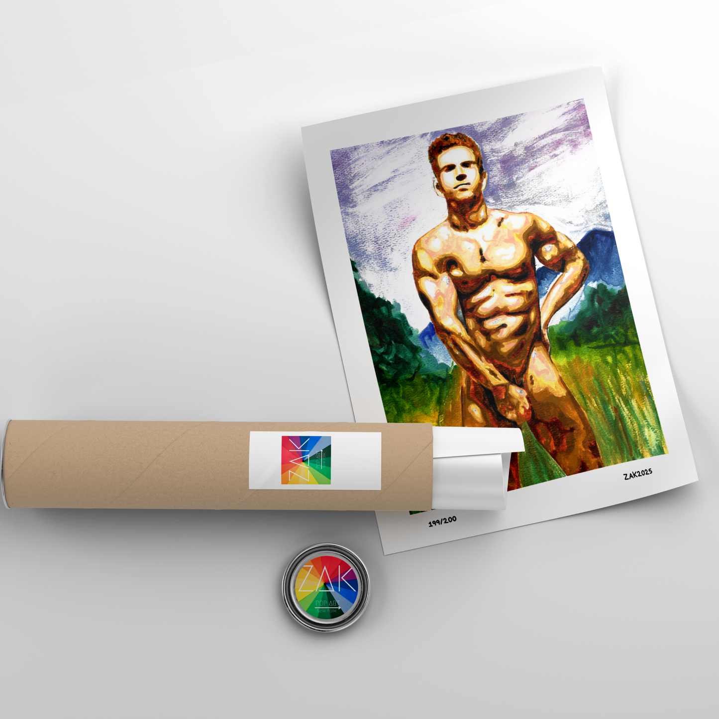Artistic depiction of a muscular figure on a poster with a roll of paper and a button in the foreground.