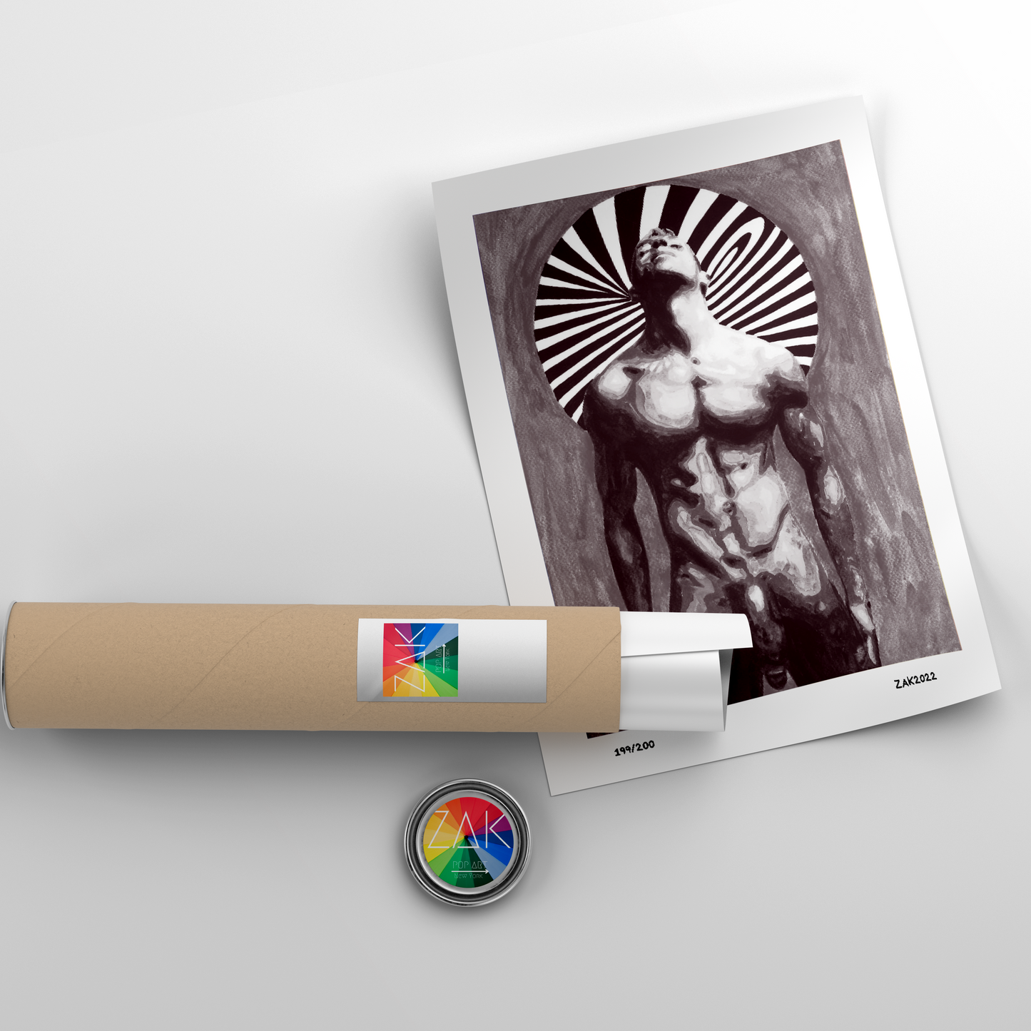 This image features a striking piece of wall art titled "Da Vinci," which is a customizable limited edition photograph. The artwork is a Giclée print of an original painting, showcasing a male nude figure in a dynamic, abstract pose against a bold, black and white background with a white circle.