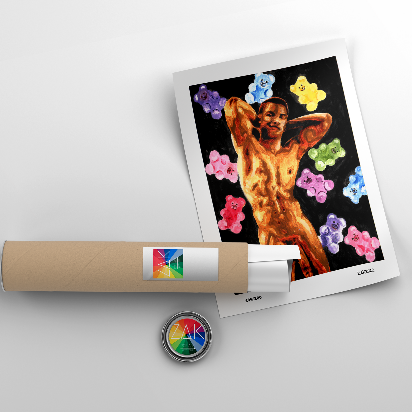This image features a vibrant and colorful art print titled "Gummy Bear," which portrays a nude male figure adorned with the playful and erotic likeness of gummy bears. The artwork is rendered in a striking watercolor style, with bold outlines and a lively color palette that includes shades of pink, blue, green, and yellow.