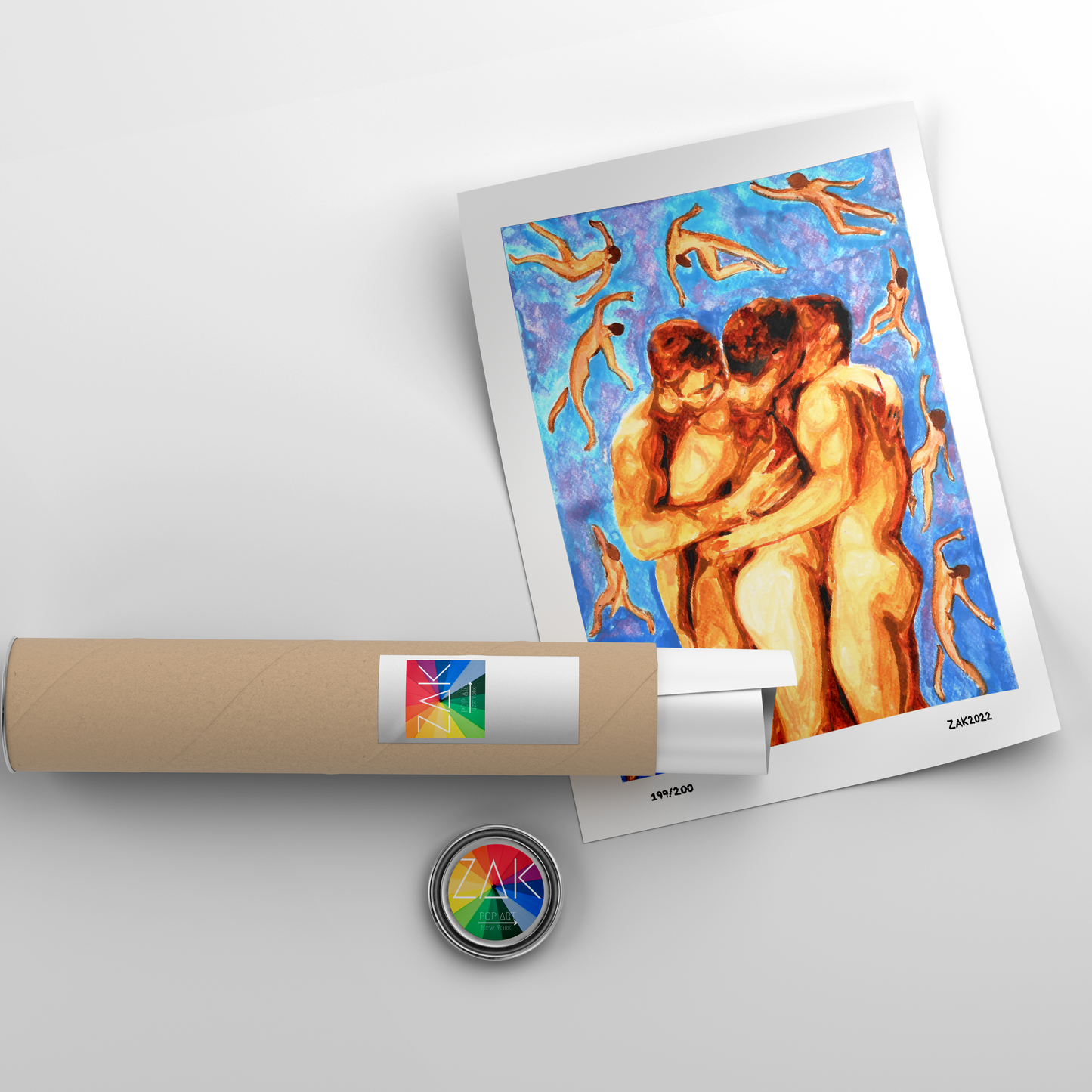 This image features a striking Giclée print titled "Triple Hug," showcasing an artistic and erotic depiction of a same-sex couple. The painting captures the intimate moment when three figures, portrayed in a blend of warm and cool tones, embrace each other in a display of affection and strength.