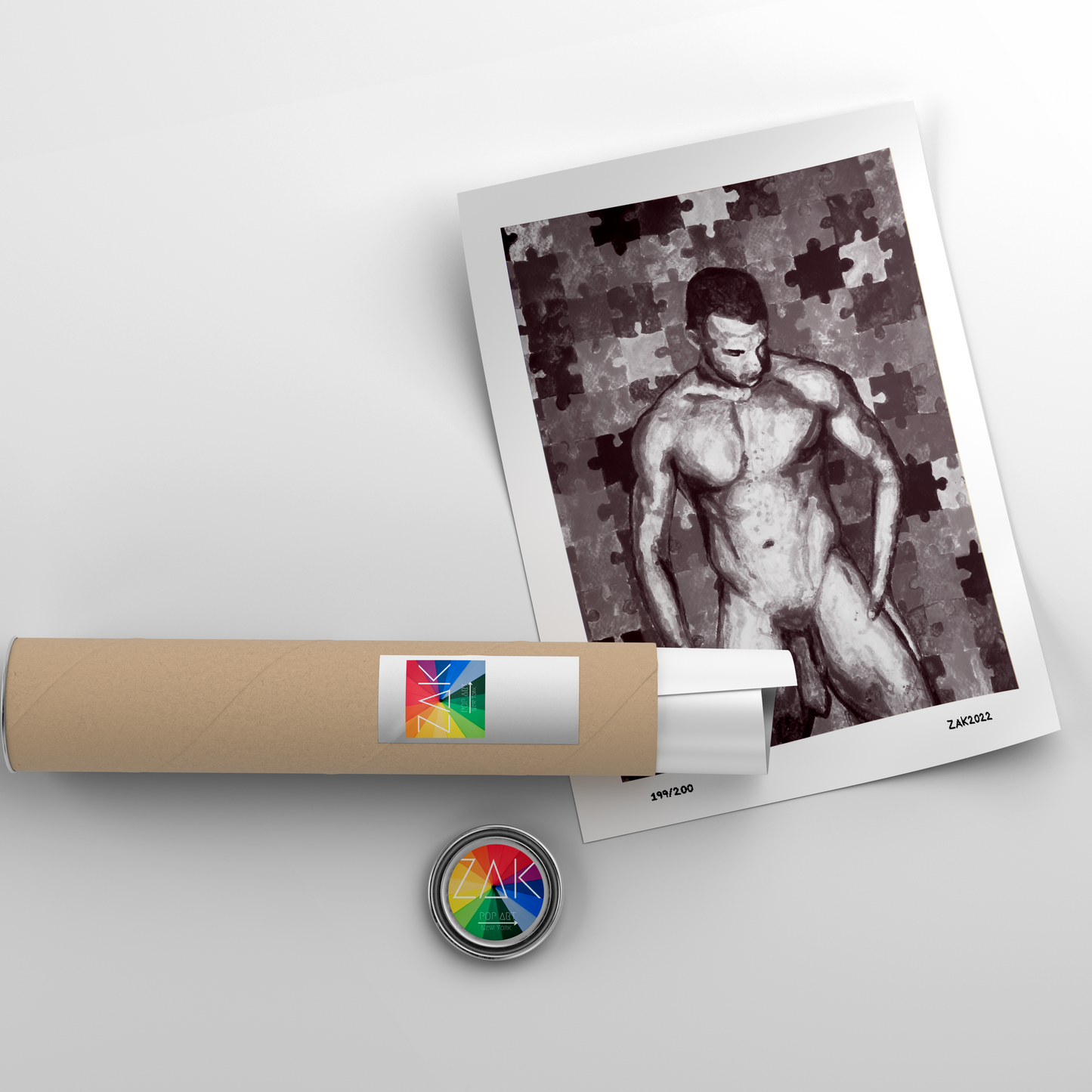 This image features a striking Giclée print titled "Jigsaw Model," presented in a mature and erotic theme. The artwork depicts a male figure, portrayed in a monochrome palette with colorful, jigsaw-like puzzle pieces overlaying his torso.