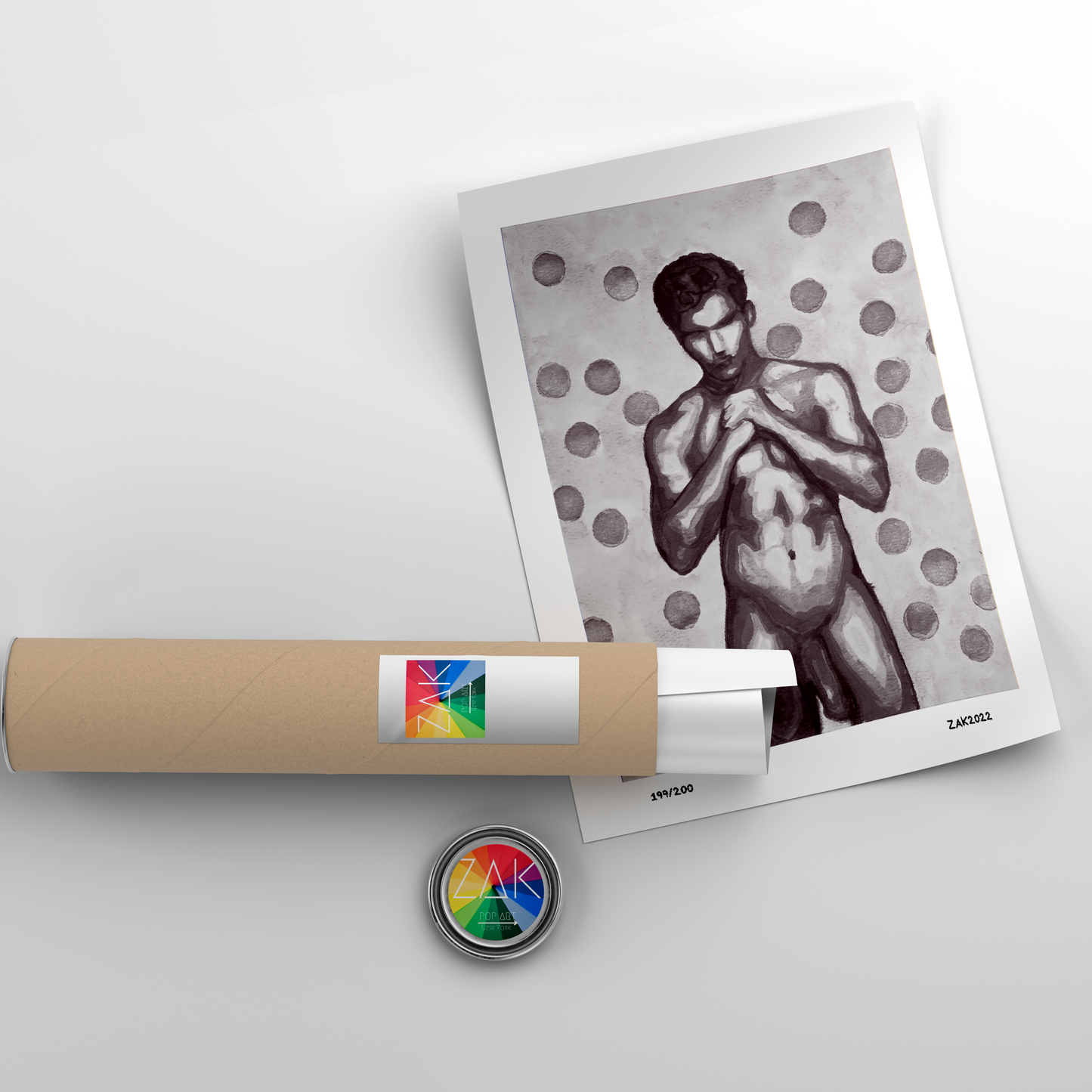 This image displays a striking black and white fine art print titled "Nude with Polka Dots," featuring a male gay wall art print. The artwork captures a nuanced and erotic depiction of a male figure, emphasized with phallic symbols against a dotted background.