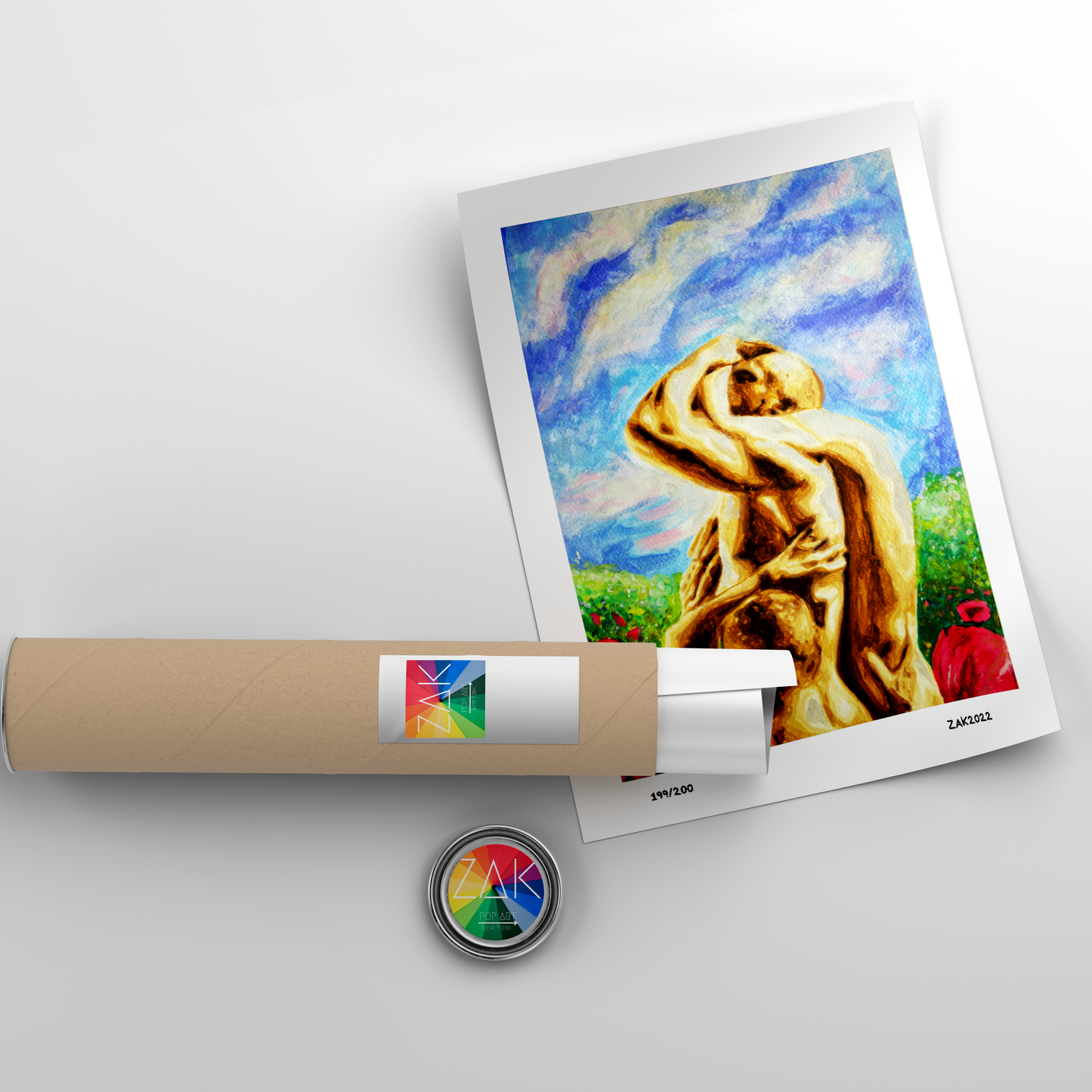 This image features an art print titled "Males in Garden," which depicts an erotic and beautiful watercolor painting of a same-sex couple. The artwork shows a nude male figure in a dynamic, embracing pose with another male figure, set against a vibrant and colorful backdrop of a cloudy sky.