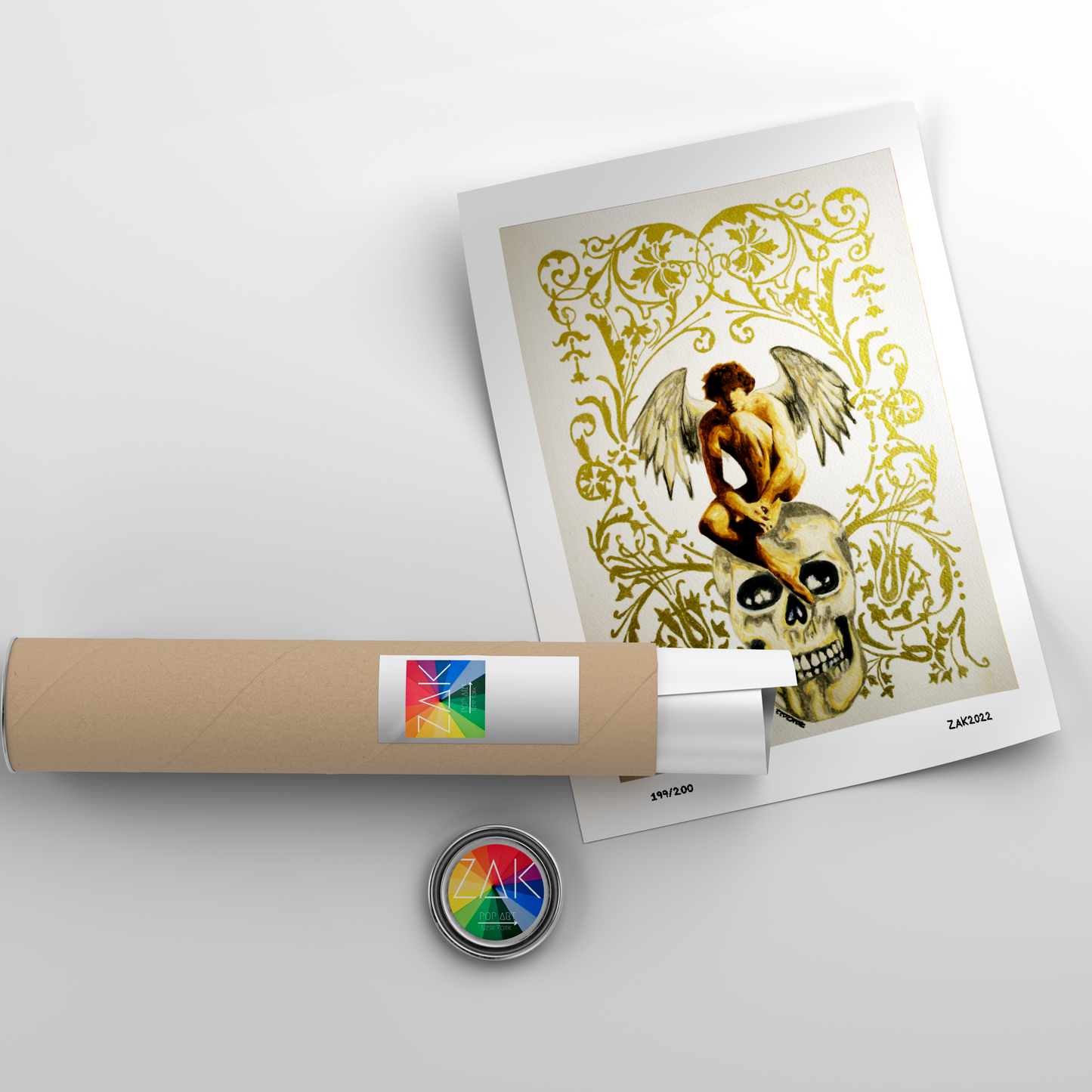 A framed art print featuring an illustration of an angel sitting on a skull, with a gold and dark color scheme and decorative elements.