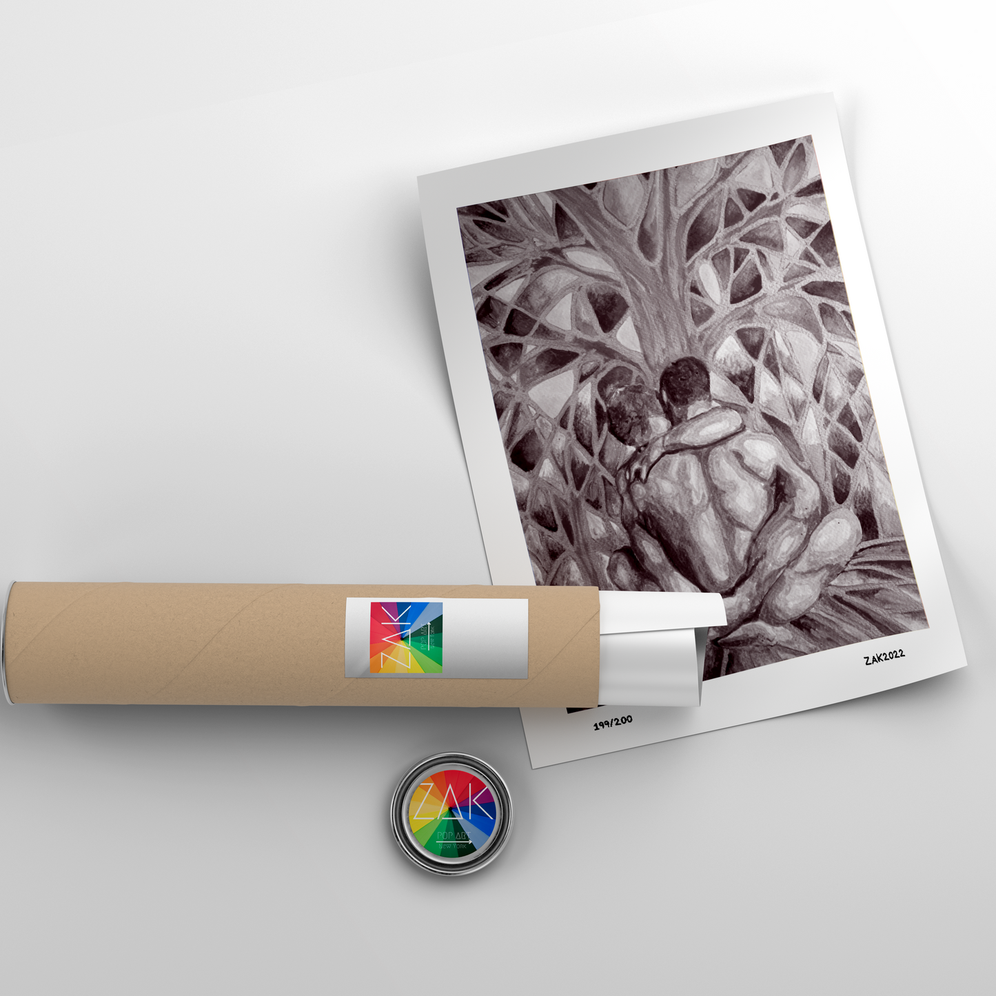 A framed art print featuring a grayscale illustration of a same-sex couple embracing, with a decorative tree in the background.