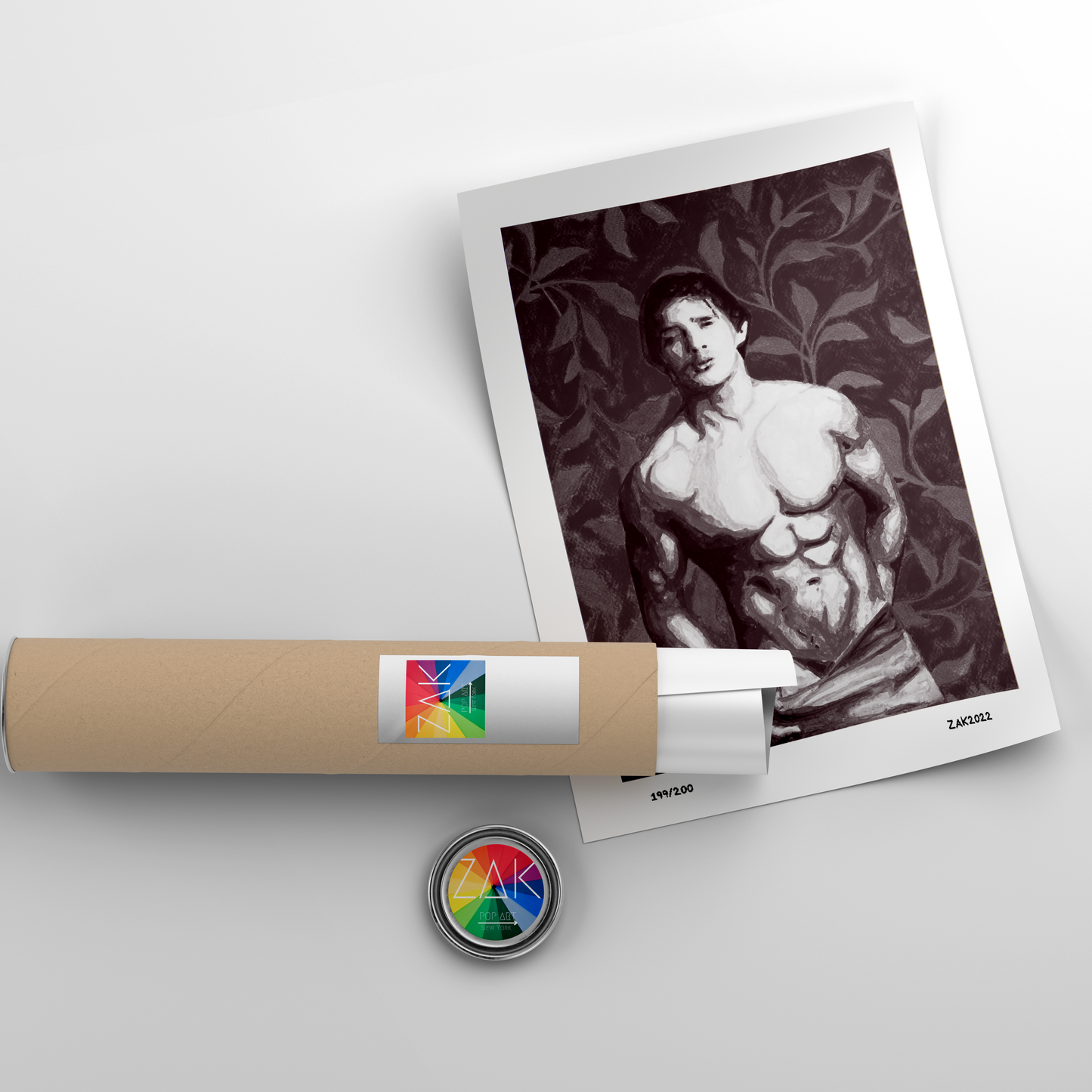 This image features a framed art print titled "Nude in Bathroom," showcasing a male nude figure depicted in a contemplative pose with a towel draped over his shoulders. The artwork is characterized by its monochrome palette and detailed depiction of the figure, emphasizing muscular tones and facial features.