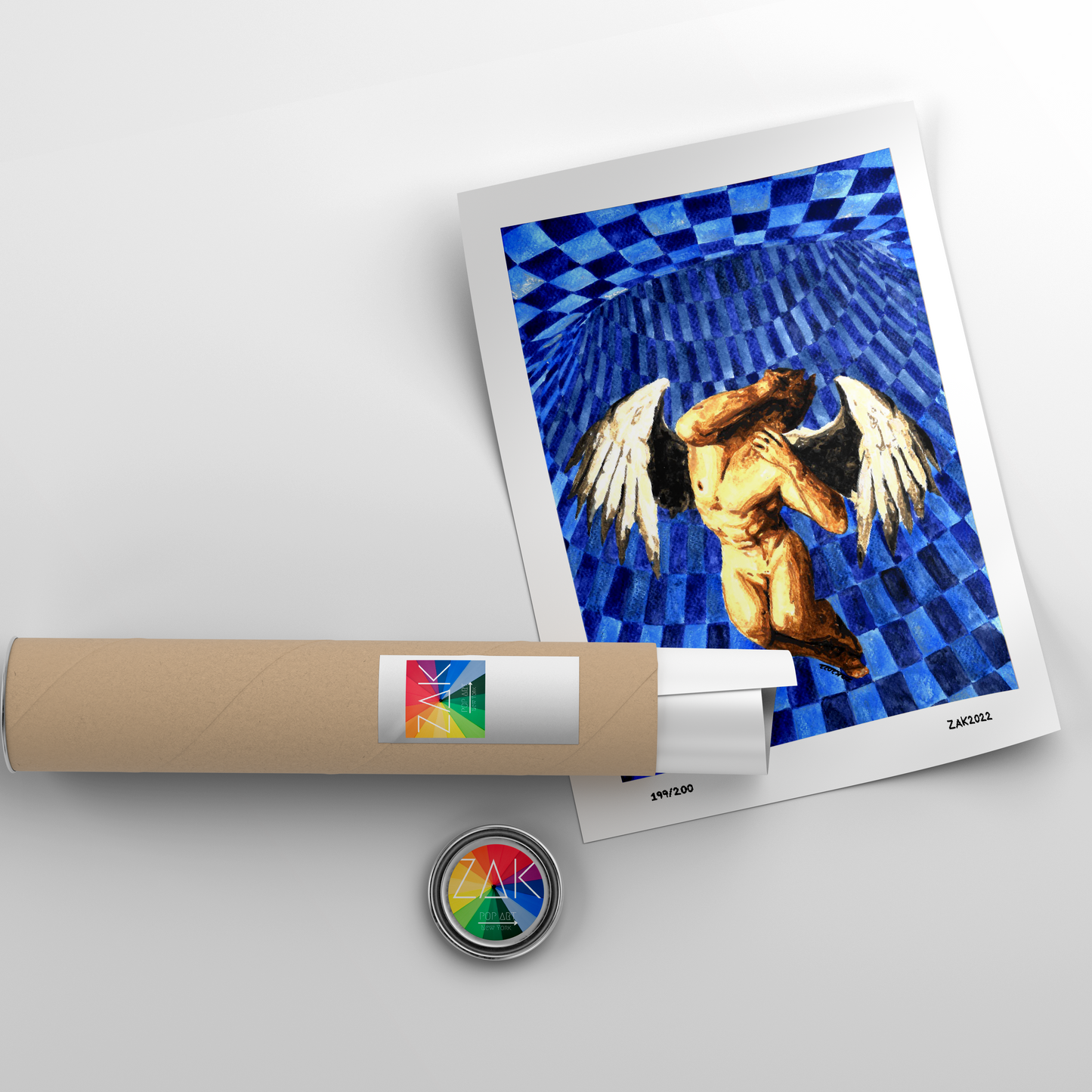 This image features a striking art print titled "The Lost Angel," which is a Giclée print of an original watercolor painting. The artwork depicts a male figure with angelic wings, portrayed in a contorted and dramatic pose against a vibrant blue background with a geometric checkered pattern.