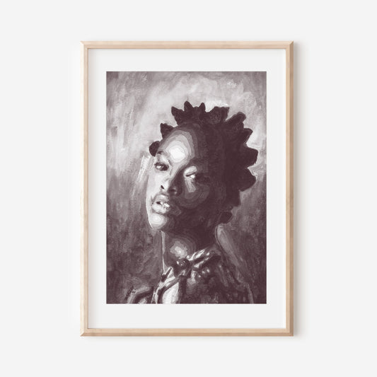 A framed artwork featuring a black and white abstract sketch of a female figure with a geometric pattern on the head.