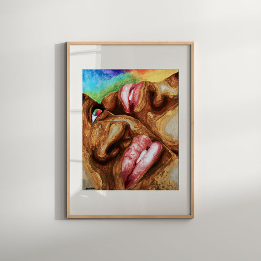 This image features a striking art print titled "Skyline," showcasing a modern renaissance-style painting. The artwork captures a close-up view of an expressive, colorful depiction of a same-sex couple's faces, set against a vividly painted background.