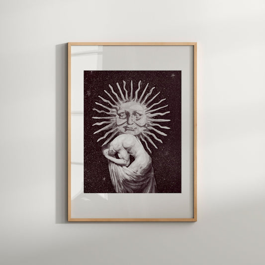 This image features a striking art print which is a watercolor print of an original painting. The artwork depicts a nude male figure with a boho, erotic sun print.