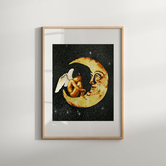 The image depicts a striking art print titled "Angel Sitting on Crescent Moon." This limited edition Giclée print features an original painting that combines erotic and homoerotic themes.