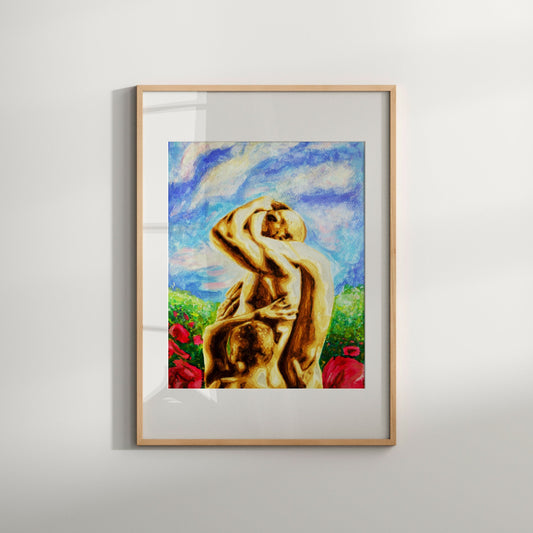 This image features an art print titled "Males in Garden," which depicts an erotic and beautiful watercolor painting of a same-sex couple. The artwork shows a nude male figure in a dynamic, embracing pose with another male figure, set against a vibrant and colorful backdrop of a cloudy sky.