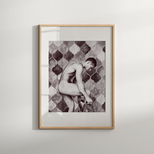 This image displays a striking limited edition print titled "Ready for Party," featuring a Giclée reproduction of an original male nude artwork. The artwork captures a rear view of a male figure, depicted in a contorted pose with a play of light and shadows across the backdrop, which is adorned with a geometric pattern.