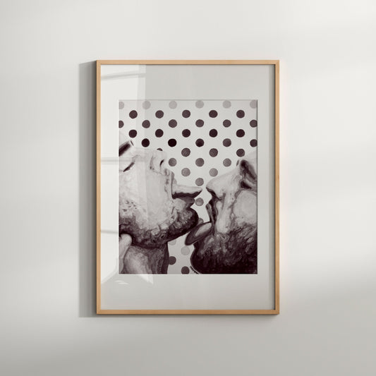 This image features a compelling and artistic watercolor print titled "Tongues," depicting a gay couple kissing. The artwork captures the intense emotion and physical connection between the two figures, with a vivid and expressive portrayal of their faces and tongues.