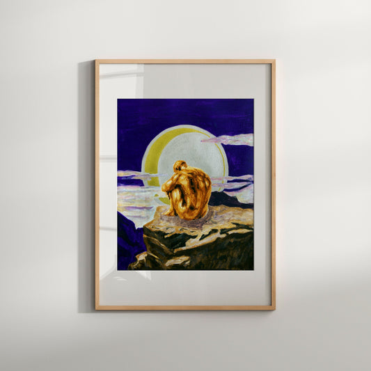 This image features a striking art print titled "Looking at the Moon," which depicts a nude male figure in a contemplative pose under a moonlit sky. The artwork is rendered in a vibrant and surrealistic style, highlighted by a golden hue of the figure against a dark, cloud-filled sky and a bright, silvery moon above.