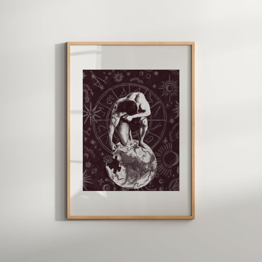 This image features a striking section of the "Atlas Male" limited edition art print. It highlights an intricate and artistic depiction of a nude male figure, positioned in a contemplative stance against a backdrop adorned with celestial and astrological motifs.