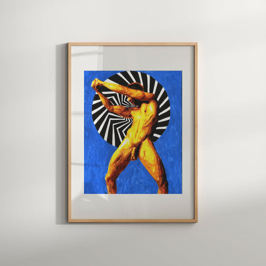 This image features a striking limited edition print titled "Black Hole," presented in a vibrant and visually compelling style. The artwork highlights a male nude figure depicted in a vintage, erotic pose with a dynamic, swirling blue and white background that adds an element of mystery and intrigue.