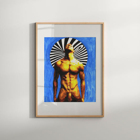This image features a striking piece of art titled "Da Vinci 2," which is a customizable limited edition photographic print. The artwork displays a male nude figure, portrayed in a vibrant and erotic style with a focus on full frontal nudity.