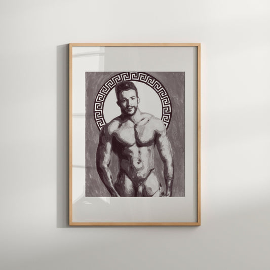 This image features a striking black and white art print titled "Form (B&W)," showcasing a male nude torso with a Greek key pattern frame. The artwork is a Giclée print of an original painting, hand-signed and numbered by the artist, emphasizing its exclusivity and high quality.
