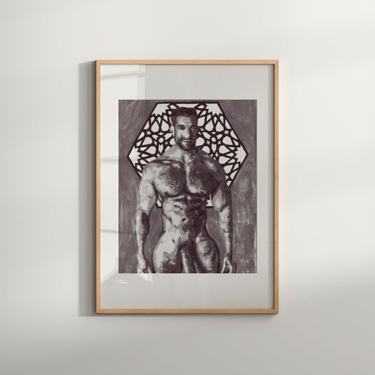 This image features a striking limited edition art print titled "Masculine," which depicts an erotic and homoerotic portrait of a nude male. The artwork is captured in a monochrome palette, enhancing the play of light and shadow across the subject’s muscular form.