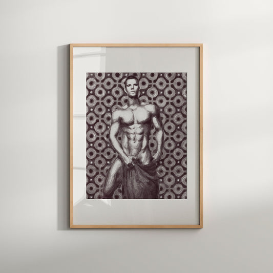 This image features a striking limited edition photograph, depicting a male nude in a Turkish bath setting. The artwork is rendered in black and white, enhancing the dramatic contrast and highlighting the muscular physique of the subject.
