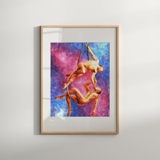 This image features a captivating Giclée print titled "Dance in space 2," which displays a striking and vibrant depiction of a male nude figure in a dynamic pose against a cosmic, multicolored background. The artwork is rich in color and texture, capturing the essence of movement and grace.