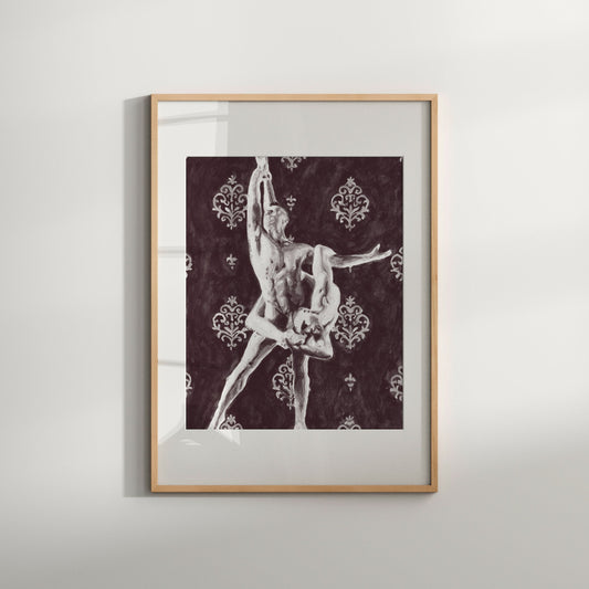 A framed watercolor print featuring a black and white ballet dancer pose, displayed on a wall.