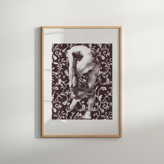 This image features an elegant and artistic watercolor print of a nude male figure, presented in a striking black and white color scheme. The figure, depicted from behind, is portrayed in a contorted pose, adding a dynamic and erotic element to the piece.