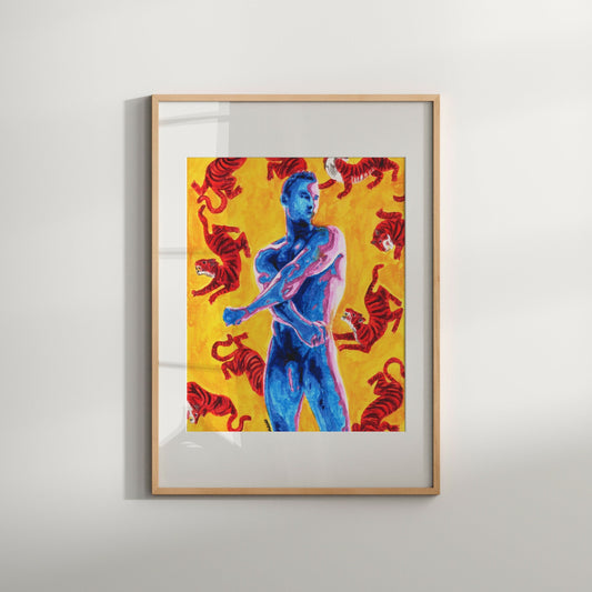The image displays a striking art print titled "Raw Beauty," featuring a vibrant and bold depiction of Asian gay art. The print captures a nude male figure in a dynamic pose, set against a fiery background adorned with dozens of tigers in a mix of red and blue hues.
