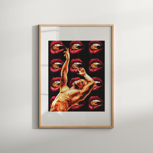 The image displays a striking piece of art titled "Lips Biting Bullets," which features a nude male figure in a dynamic, erotic pose. The figure is depicted with exaggerated, glossy lips that seem to be biting or kissing other lips, creating a sense of movement and action.