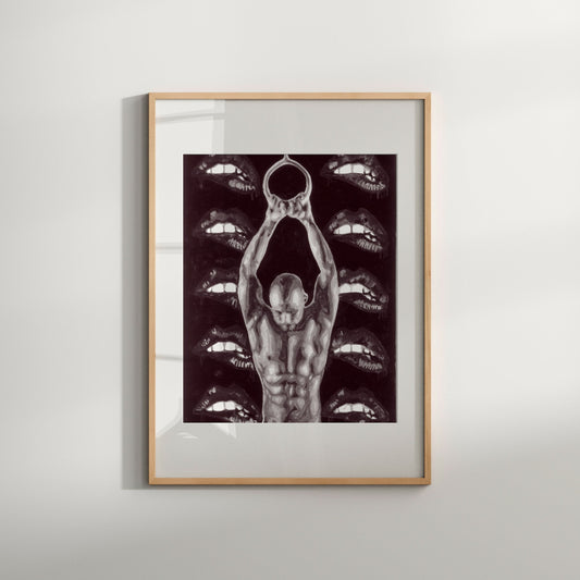 This artwork depicts a male nude figure, stylized with exaggerated, eroticized features such as prominent lips and a contorted pose, set against a dark background.