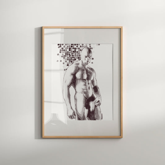 This image features a framed art print titled "Cubes," showcasing a male nude in a full frontal pose. The artwork is a Giclée print of an original painting, emphasizing its exclusivity and high quality.