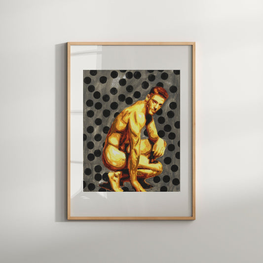 This image features a striking piece of art titled "Black Dots," presented in a modern, minimalist style. The artwork is a Giclée print of an original watercolor painting, showcasing the nuanced and erotically charged depiction of a male figure.