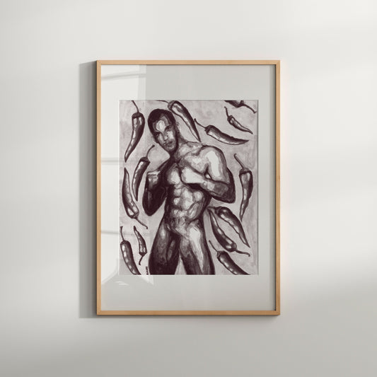 This image features a striking black and white art print titled "Chilies," which portrays a nude male figure surrounded by an array of chili peppers. The artwork is rendered in a bold, expressive style, emphasizing the erotic and queer-themed nature of the subject.