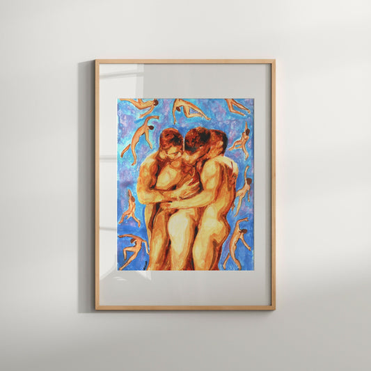 This image features a striking Giclée print titled "Triple Hug," showcasing an artistic and erotic depiction of a same-sex couple. The painting captures the intimate moment when three figures, portrayed in a blend of warm and cool tones, embrace each other in a display of affection and strength.