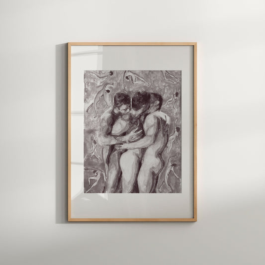 This image features a framed art print titled "Couple Love," showcasing an erotic and homoerotic portrait of a same-sex couple. The artwork is in black and white, emphasizing the play of light and shadows across the figures.