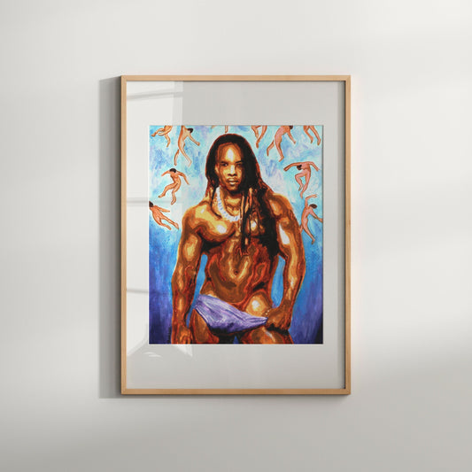 The image features a framed print of an erotic wall art, depicting a male figure in a dynamic pose with a vivid, colorful backdrop. The artwork is encased in a simple wooden frame, enhancing its modern aesthetic.