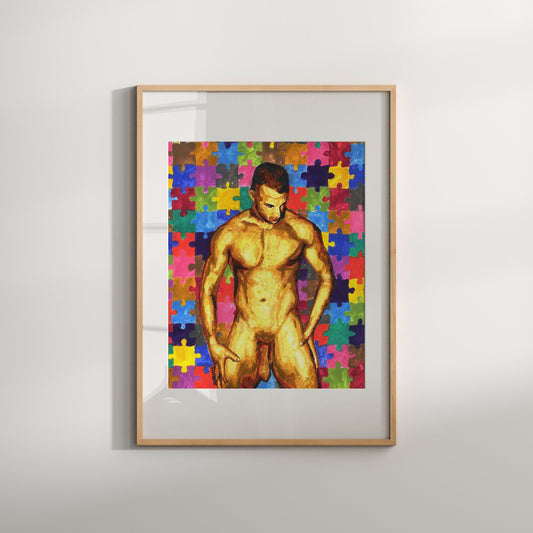 This image displays a striking art piece titled "Jigsaw Model 2," featuring a vibrant and colorful depiction of a male figure in a jigsaw puzzle pattern. The artwork combines erotic and unique design elements, portraying a shirtless male figure against a background of colorful, puzzle-piece-like shapes.