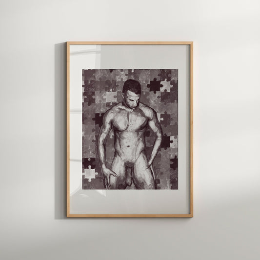 This image features a striking Giclée print titled "Jigsaw Model," presented in a mature and erotic theme. The artwork depicts a male figure, portrayed in a monochrome palette with colorful, jigsaw-like puzzle pieces overlaying his torso.