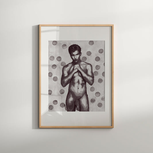 This image displays a striking black and white fine art print titled "Nude with Polka Dots," featuring a male gay wall art print. The artwork captures a nuanced and erotic depiction of a male figure, emphasized with phallic symbols against a dotted background.