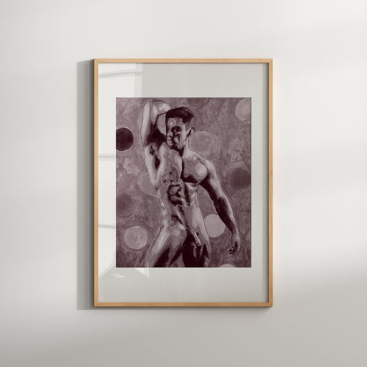 This image displays a striking art print featuring a fully nude male watercolor painting. The artwork is rendered in a palette of black, white, and shades of purple, emphasizing a blend of realism and abstract expression.